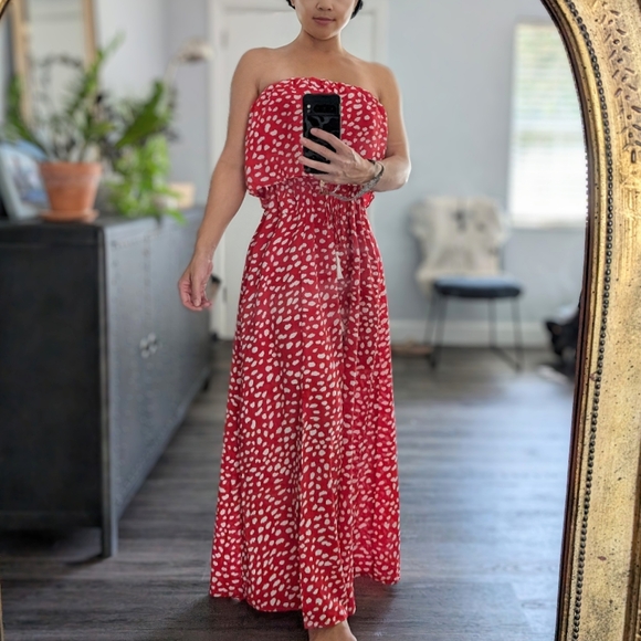Summer Strapless Boho Beach Front Slit Swiss Dot/Floral Long Maxi Dress - Picture 2 of 7